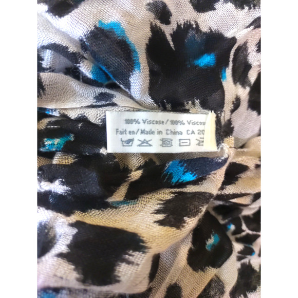 Nicole Marciano Rectangle Scarf Black Blue Leopard Print Fringe 76" X 24 - Picture 4 of 7